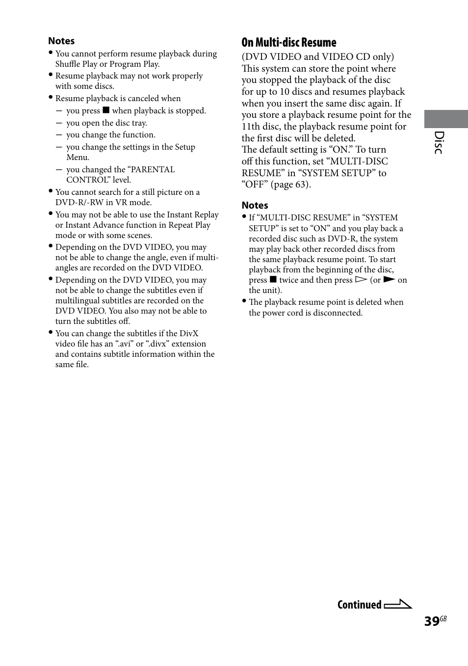 Disc, On multi-disc resume, Continued | Sony LBT-LCD7Di User Manual | Page 39 / 147