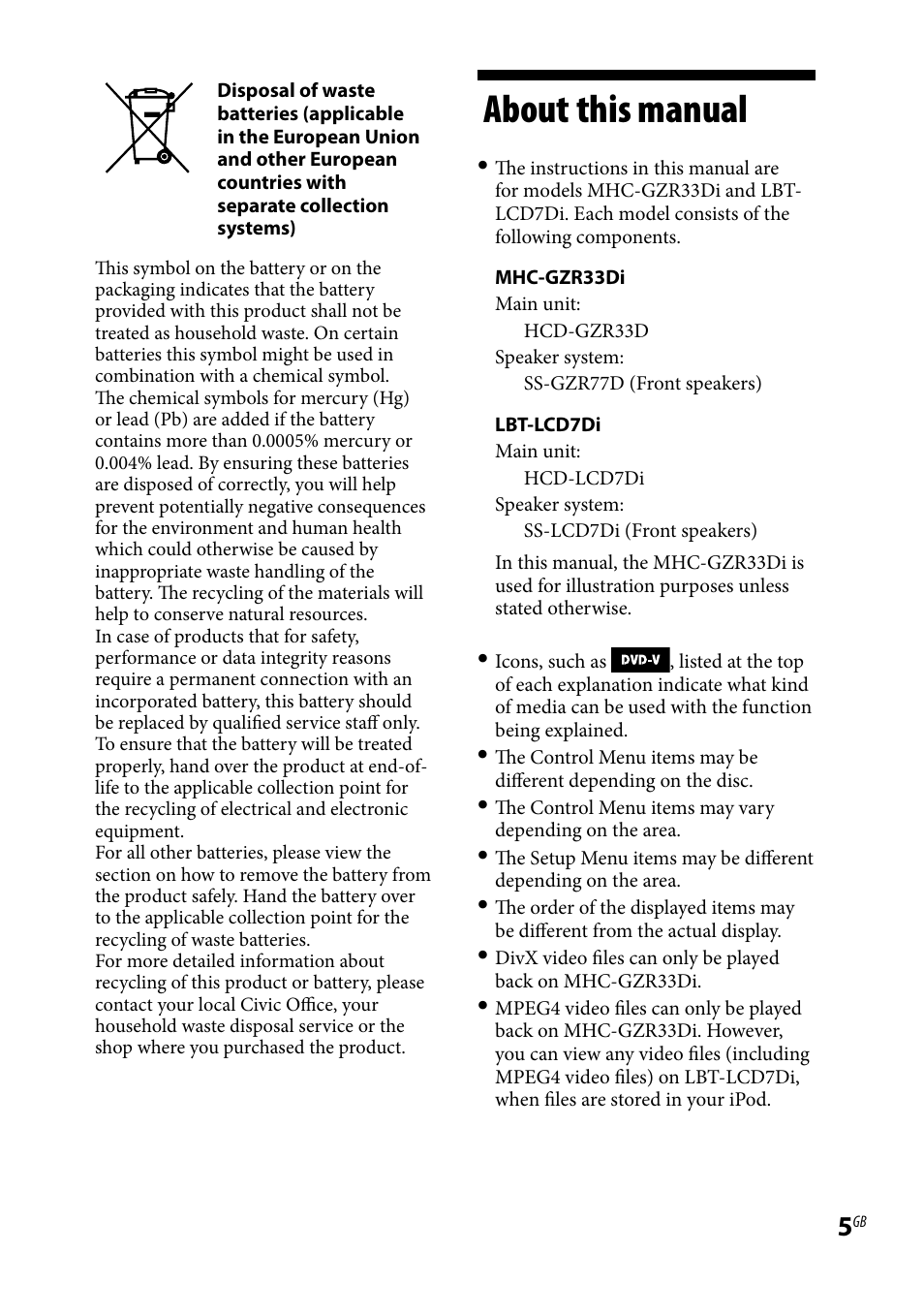 About this manual | Sony LBT-LCD7Di User Manual | Page 5 / 147