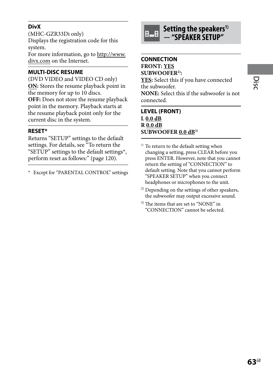 Setting the speakers, Speaker setup, Disc | Sony LBT-LCD7Di User Manual | Page 63 / 147