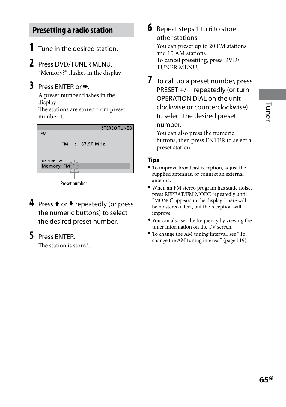 Presetting a radio station | Sony LBT-LCD7Di User Manual | Page 65 / 147