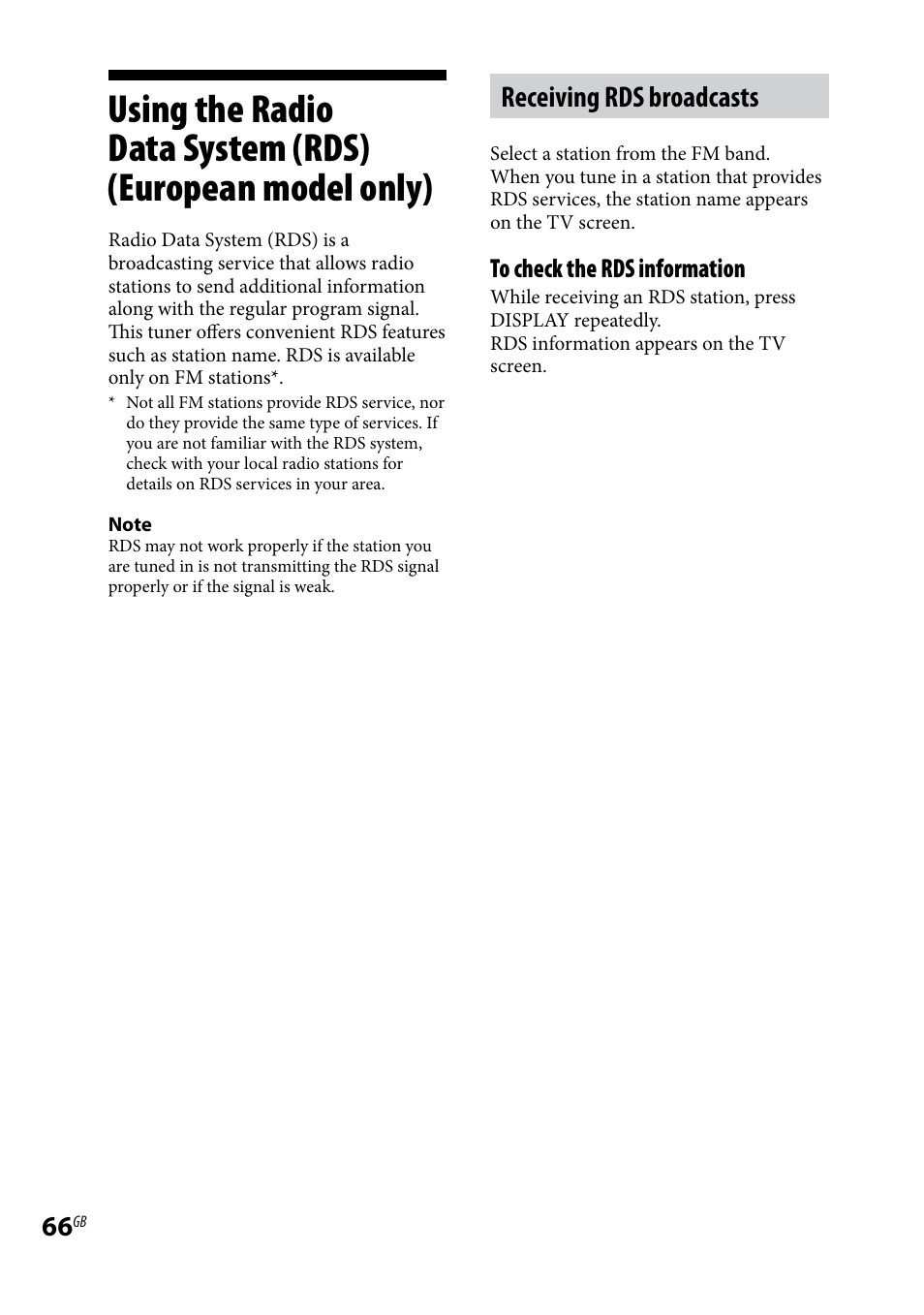 Using the radio data system (rds), European model only), Receiving rds broadcasts | Sony LBT-LCD7Di User Manual | Page 66 / 147