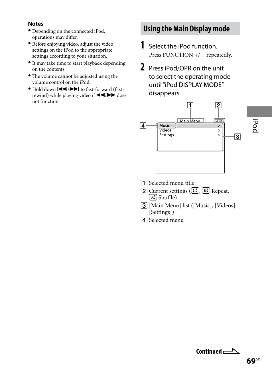 Using the main display mode, Ip od | Sony LBT-LCD7Di User Manual | Page 69 / 147