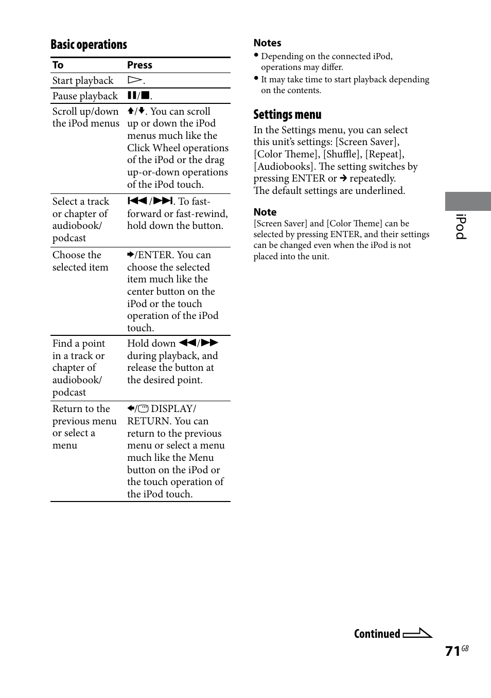 Ip od basic operations, Settings menu | Sony LBT-LCD7Di User Manual | Page 71 / 147