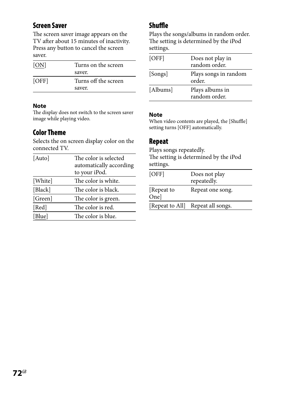 Screen saver, Color theme, Shuffle | Repeat | Sony LBT-LCD7Di User Manual | Page 72 / 147