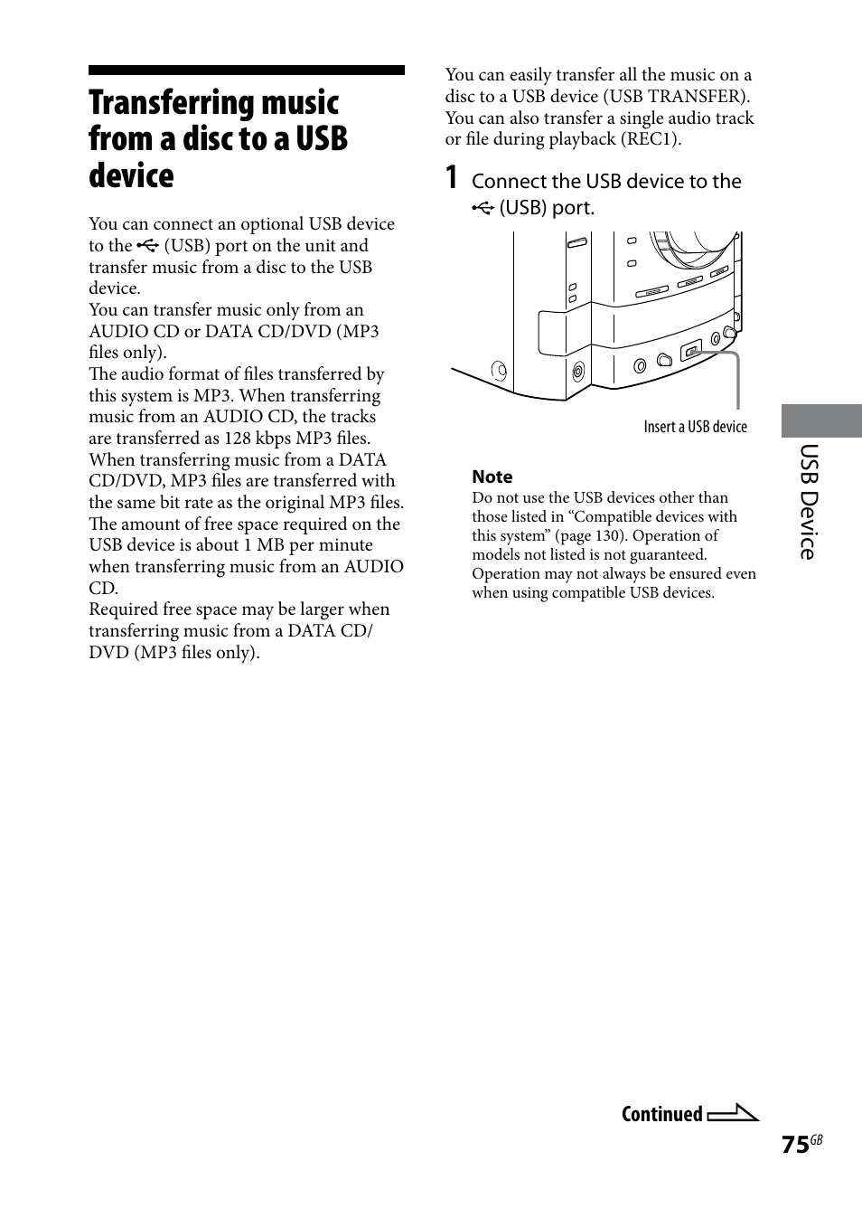 Transferring music from a disc to a usb device, Transferring music from a disc to a, Usb device | Usb d evic e | Sony LBT-LCD7Di User Manual | Page 75 / 147