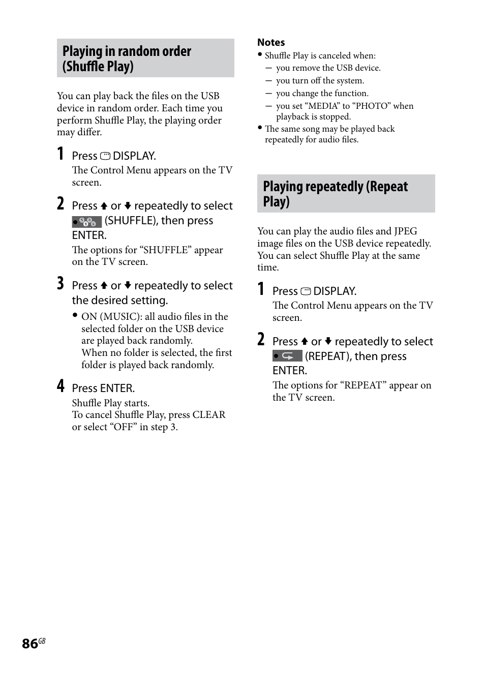 Playing in random order (shuffle play), Playing repeatedly (repeat play) | Sony LBT-LCD7Di User Manual | Page 86 / 147