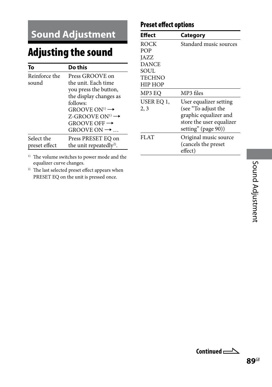 Sound adjustment, Adjusting the sound, Sound a djustmen t | Preset effect options | Sony LBT-LCD7Di User Manual | Page 89 / 147
