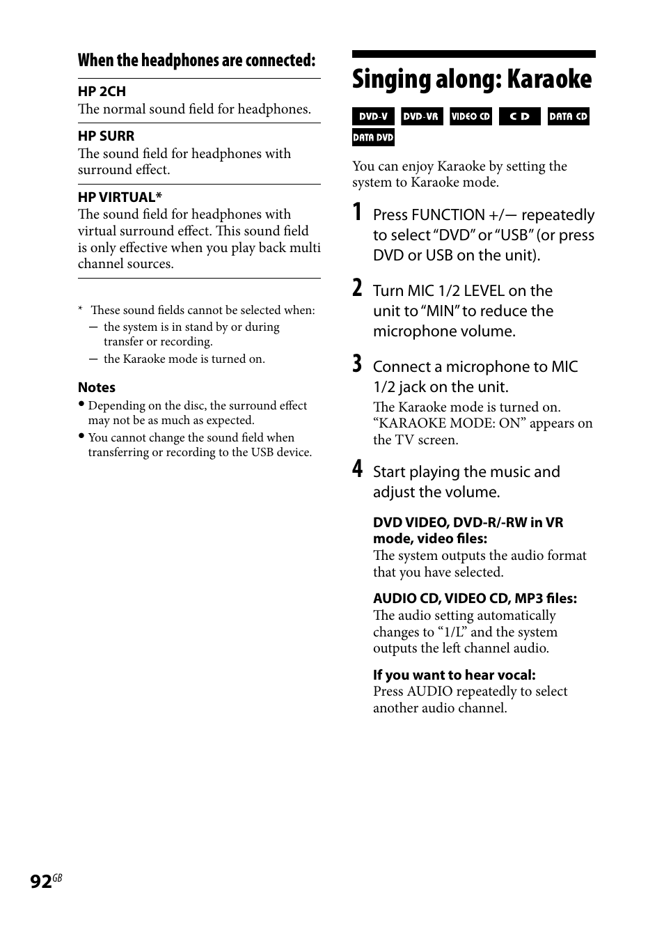 Singing along: karaoke, When the headphones are connected | Sony LBT-LCD7Di User Manual | Page 92 / 147
