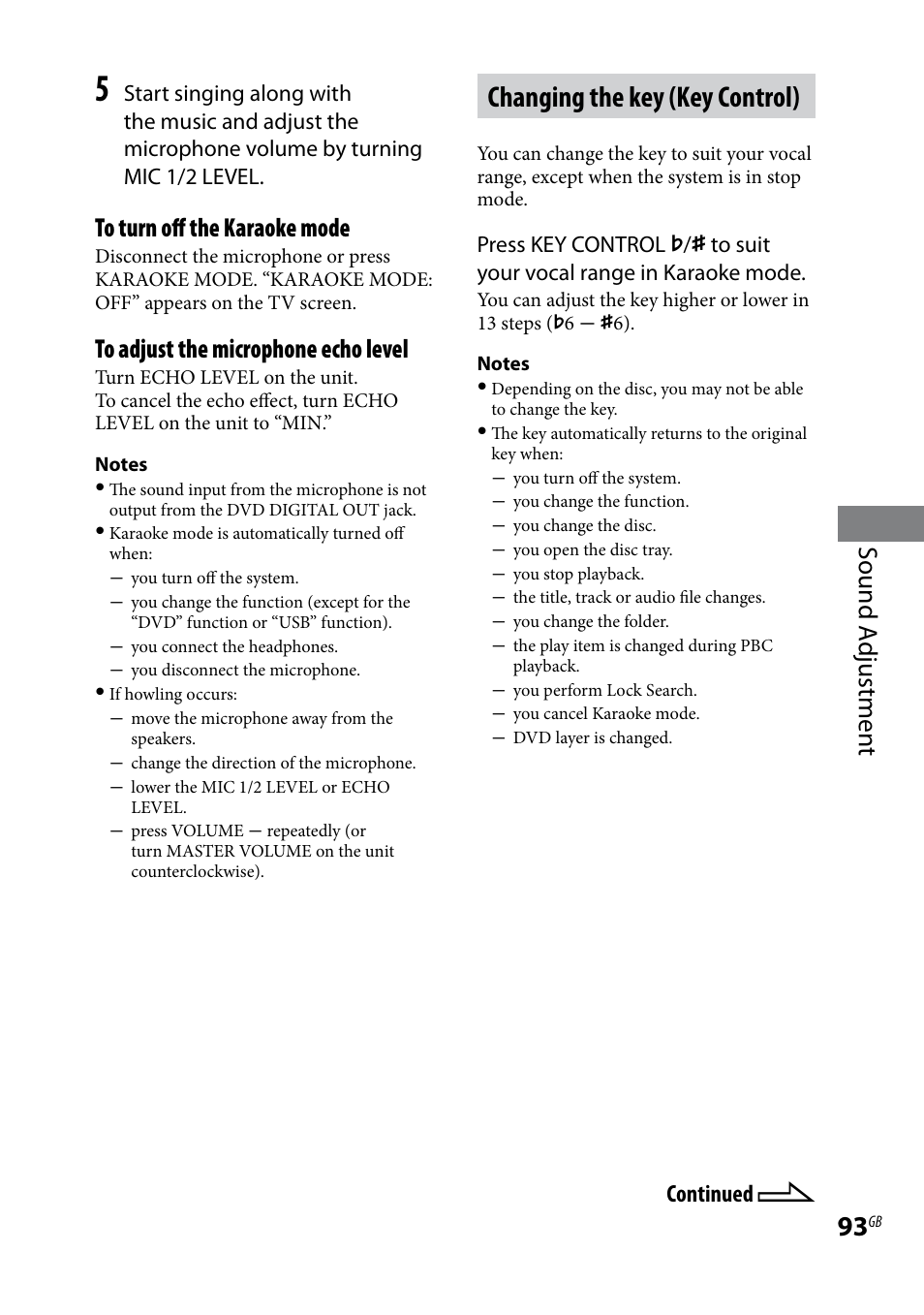 Changing the key (key control), Sound a djustmen t | Sony LBT-LCD7Di User Manual | Page 93 / 147