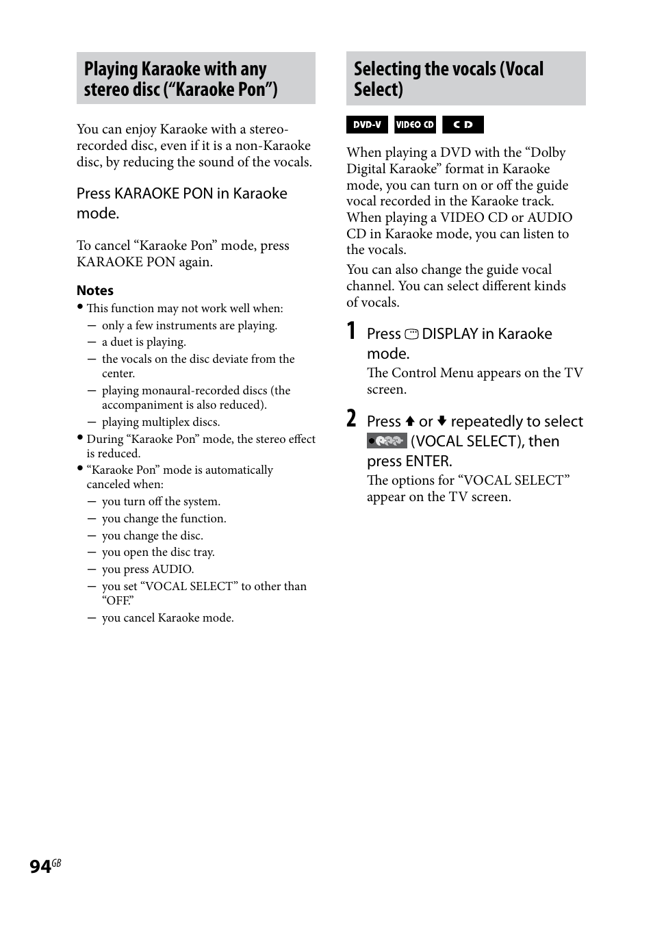 Selecting the vocals (vocal select) | Sony LBT-LCD7Di User Manual | Page 94 / 147