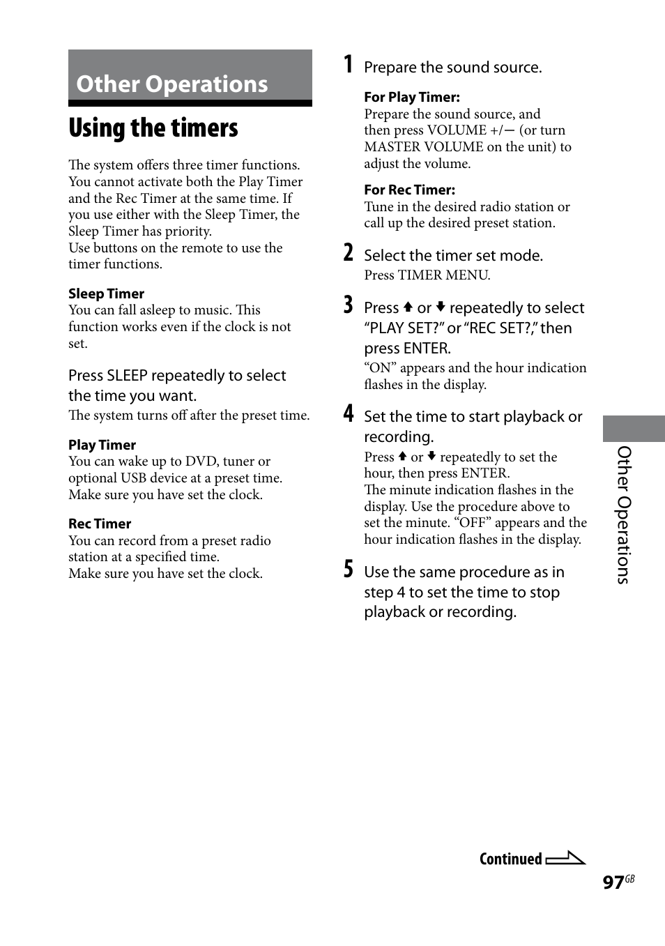 Other operations, Using the timers | Sony LBT-LCD7Di User Manual | Page 97 / 147