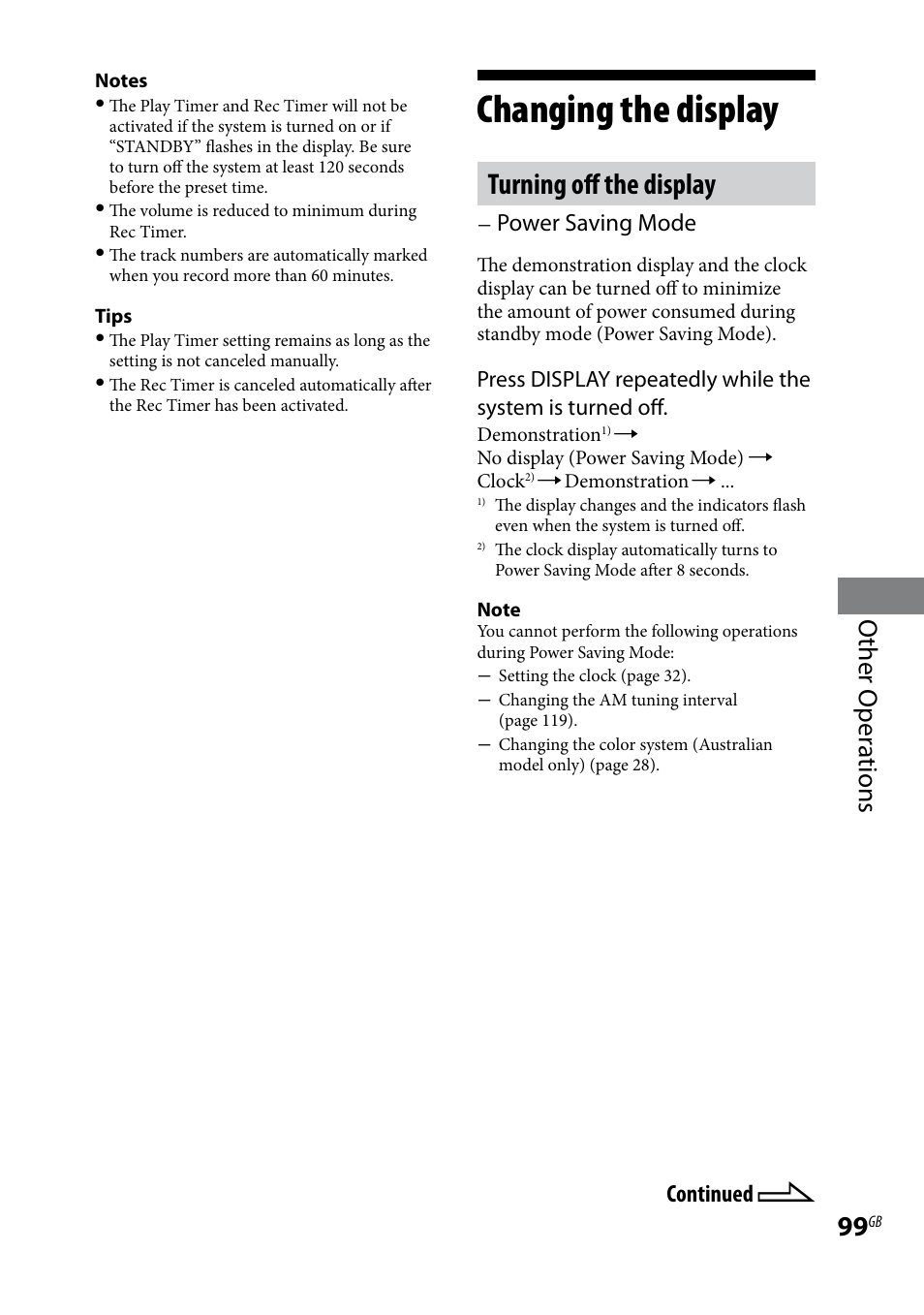Changing the display, Turning off the display, Other oper ations | Power saving mode, Continued | Sony LBT-LCD7Di User Manual | Page 99 / 147