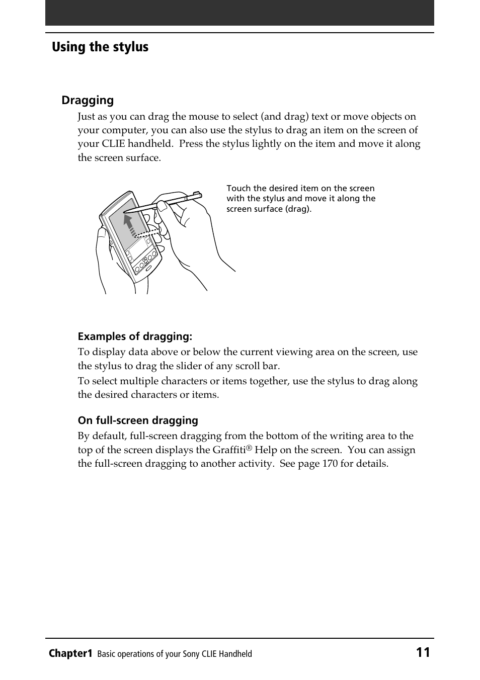 Dragging, Full-screen dragging, Using the jog dial™ navigator | 11 using the stylus | Sony PEG-N610C User Manual | Page 11 / 232