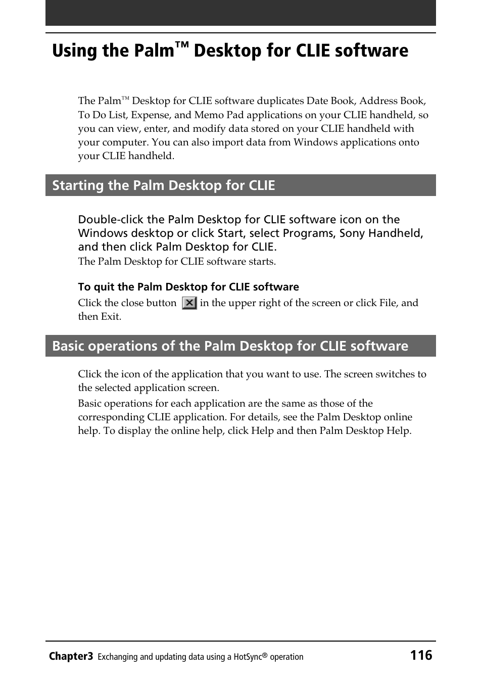 Using the palm™ desktop for clie software, Starting the palm desktop for clie, Basic operations | Starting, Using the palm, Desktop for clie software | Sony PEG-N610C User Manual | Page 116 / 232