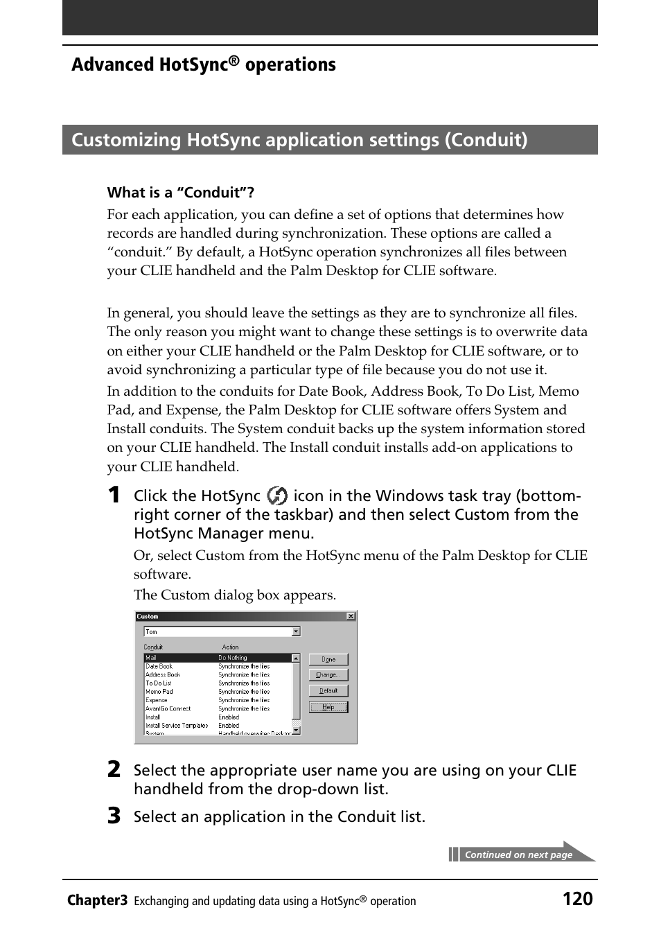 Customizing hotsync application settings (conduit), Selecting conduit, 120 advanced hotsync | Sony PEG-N610C User Manual | Page 120 / 232