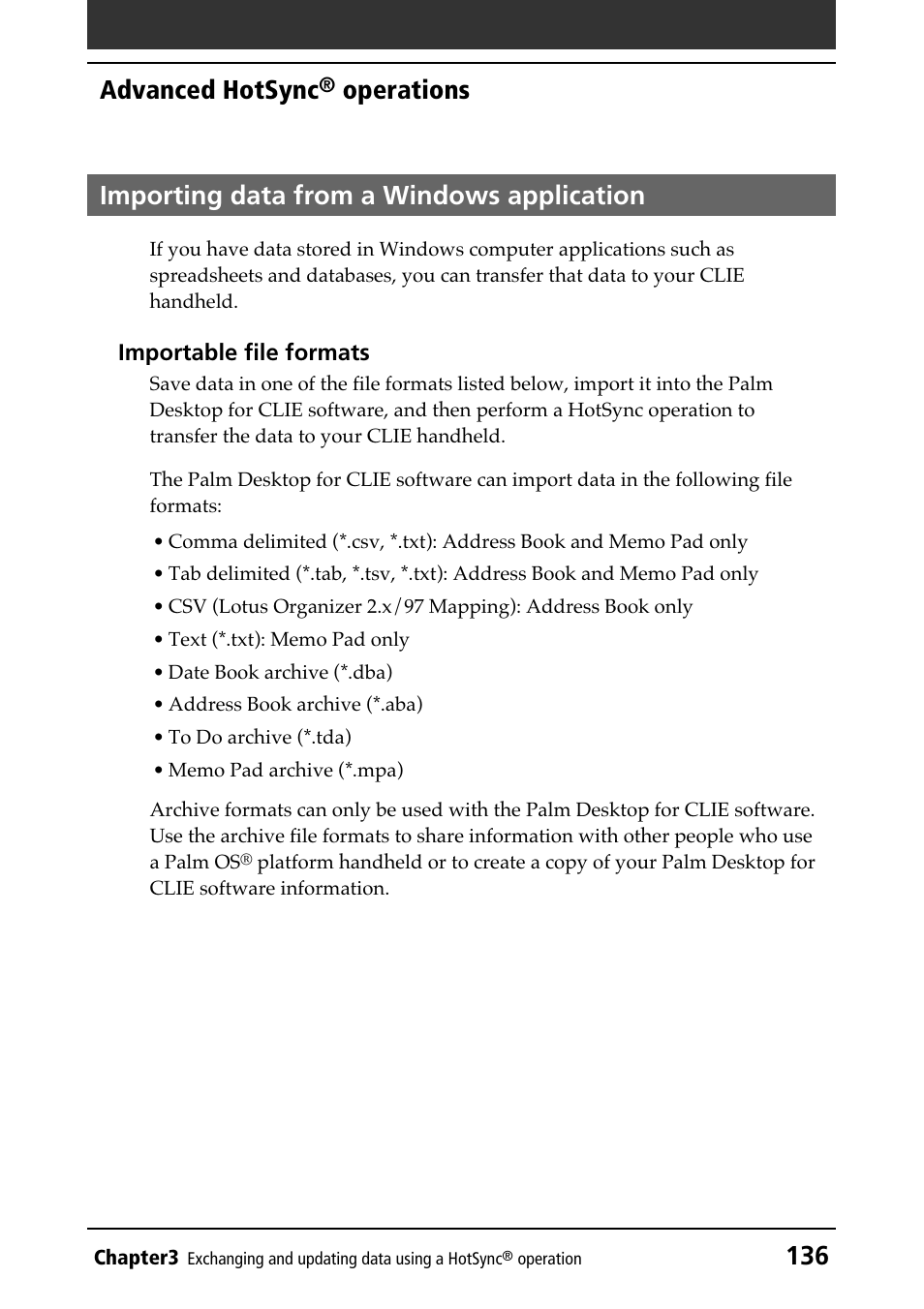 Importing data from a windows application, 136 advanced hotsync | Sony PEG-N610C User Manual | Page 136 / 232