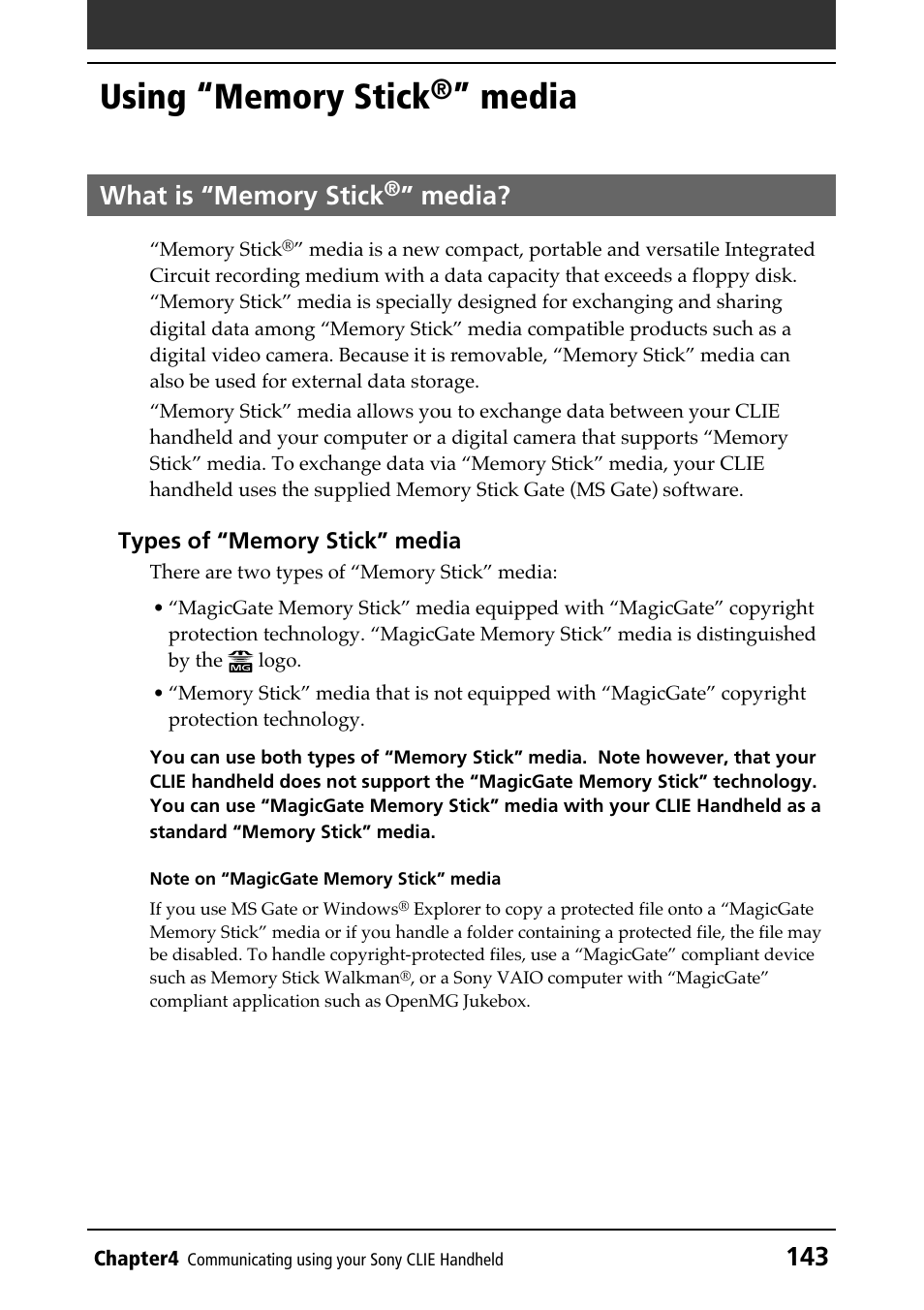 Using “memory stick®” media, What is “memory stick®” media, Overview | Types, Using “memory stick, Media, What is “memory stick | Sony PEG-N610C User Manual | Page 143 / 232