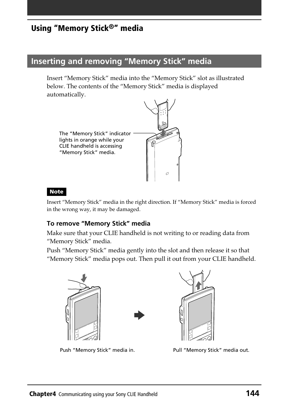 Inserting and removing “memory stick” media, Inserting and removing | Sony PEG-N610C User Manual | Page 144 / 232