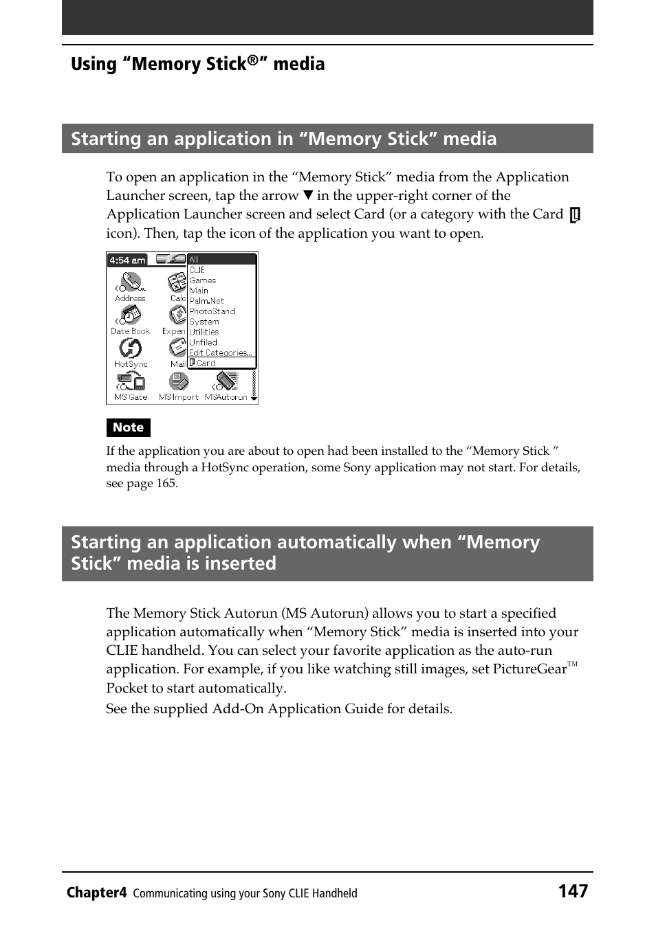 Starting an application in “memory stick” media, Starting applications, Starting an application | Sony PEG-N610C User Manual | Page 147 / 232