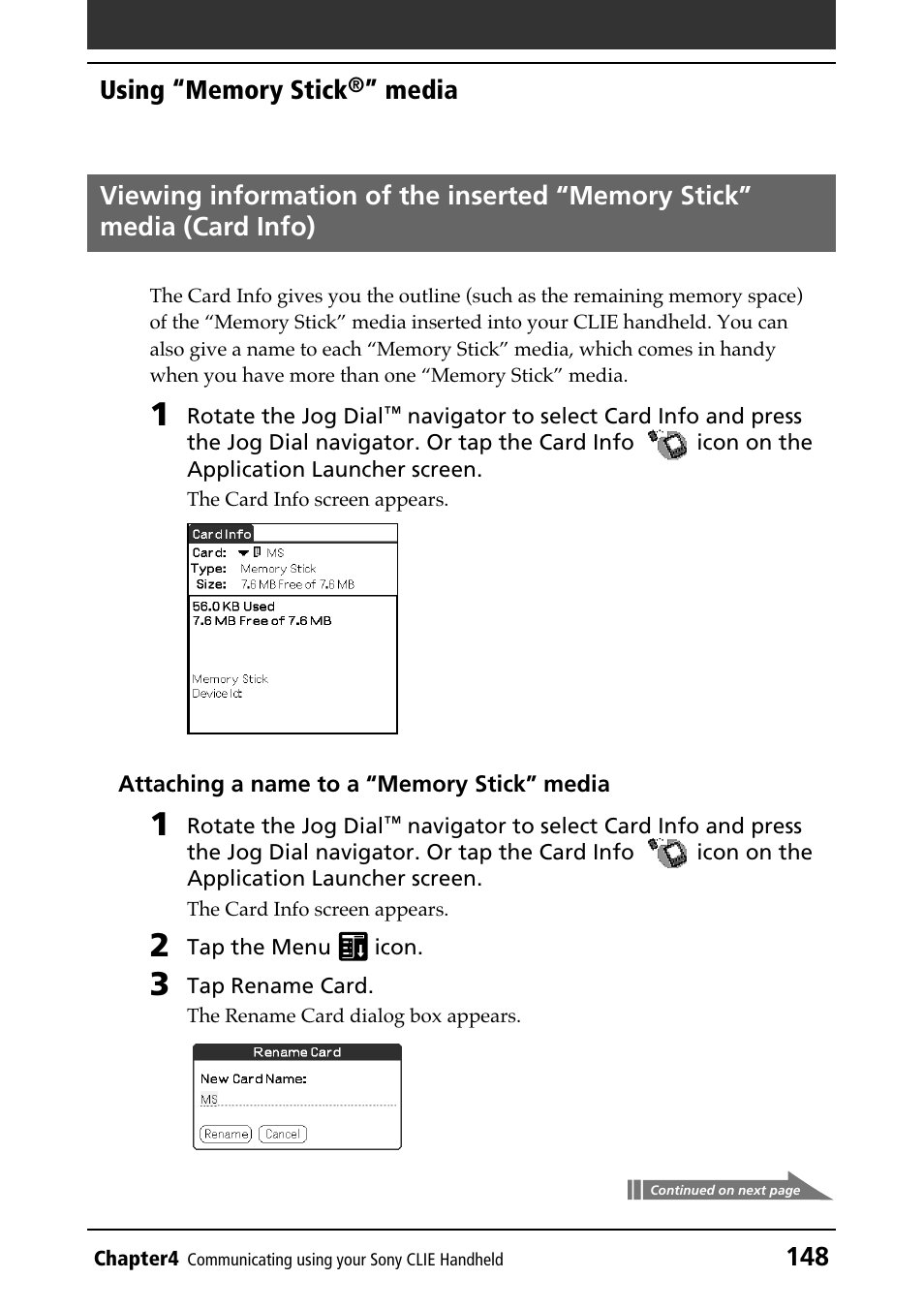 Card info, Attaching a name, Viewing the data | Sony PEG-N610C User Manual | Page 148 / 232