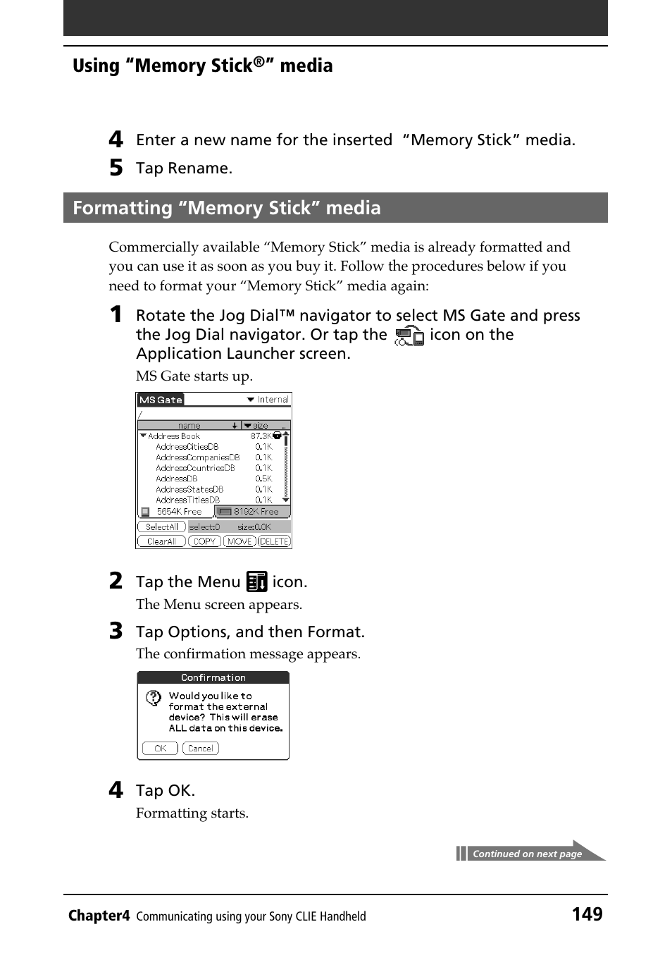 Formatting “memory stick” media, Formatting the “memory stick” media, Formatting | Sony PEG-N610C User Manual | Page 149 / 232