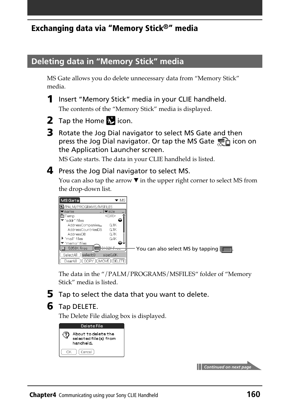 Deleting data in “memory stick” media, Data in the “memory stick” media, Deleting data | Sony PEG-N610C User Manual | Page 160 / 232