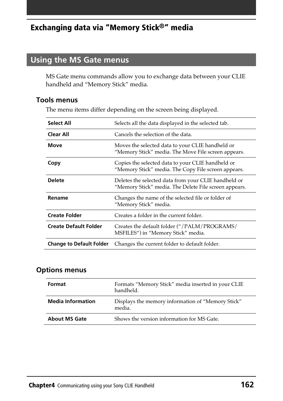 Using the ms gate menus, Using menus, Media using the ms gate menus | Sony PEG-N610C User Manual | Page 162 / 232