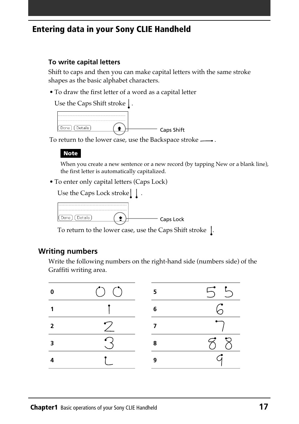 Numbers, 17 entering data in your sony clie handheld | Sony PEG-N610C User Manual | Page 17 / 232