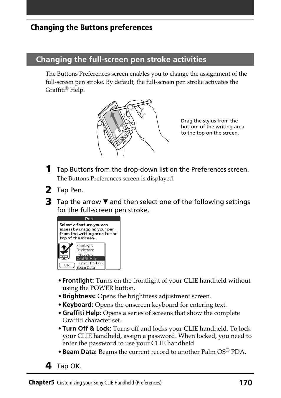 Changing the full-screen pen stroke activities, Full-screen pen stroke activities, Assigning applications to hotsync® buttons | Sony PEG-N610C User Manual | Page 170 / 232