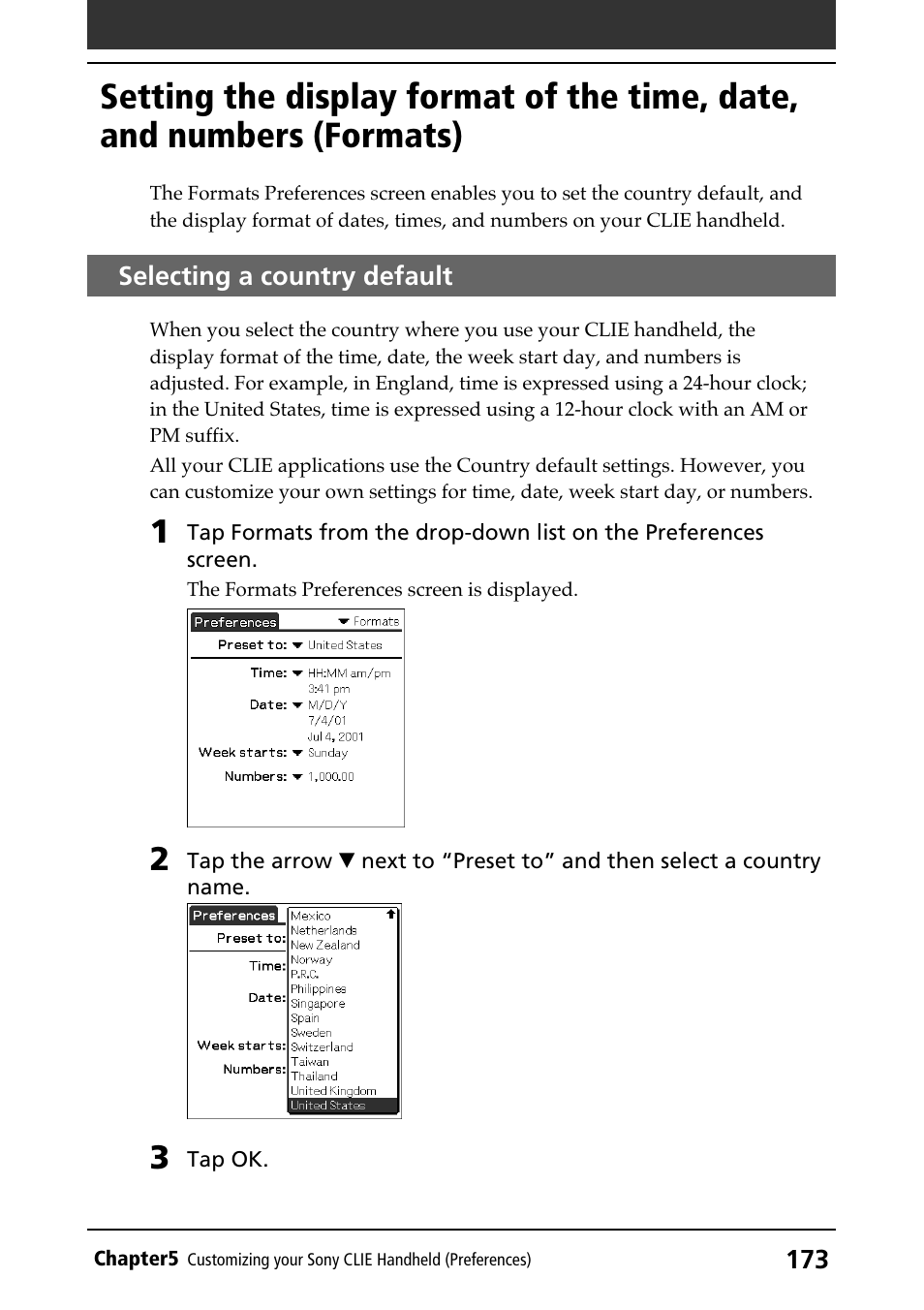 Selecting a country default, Formats, Selecting the time, date, and numbers formats | Sony PEG-N610C User Manual | Page 173 / 232