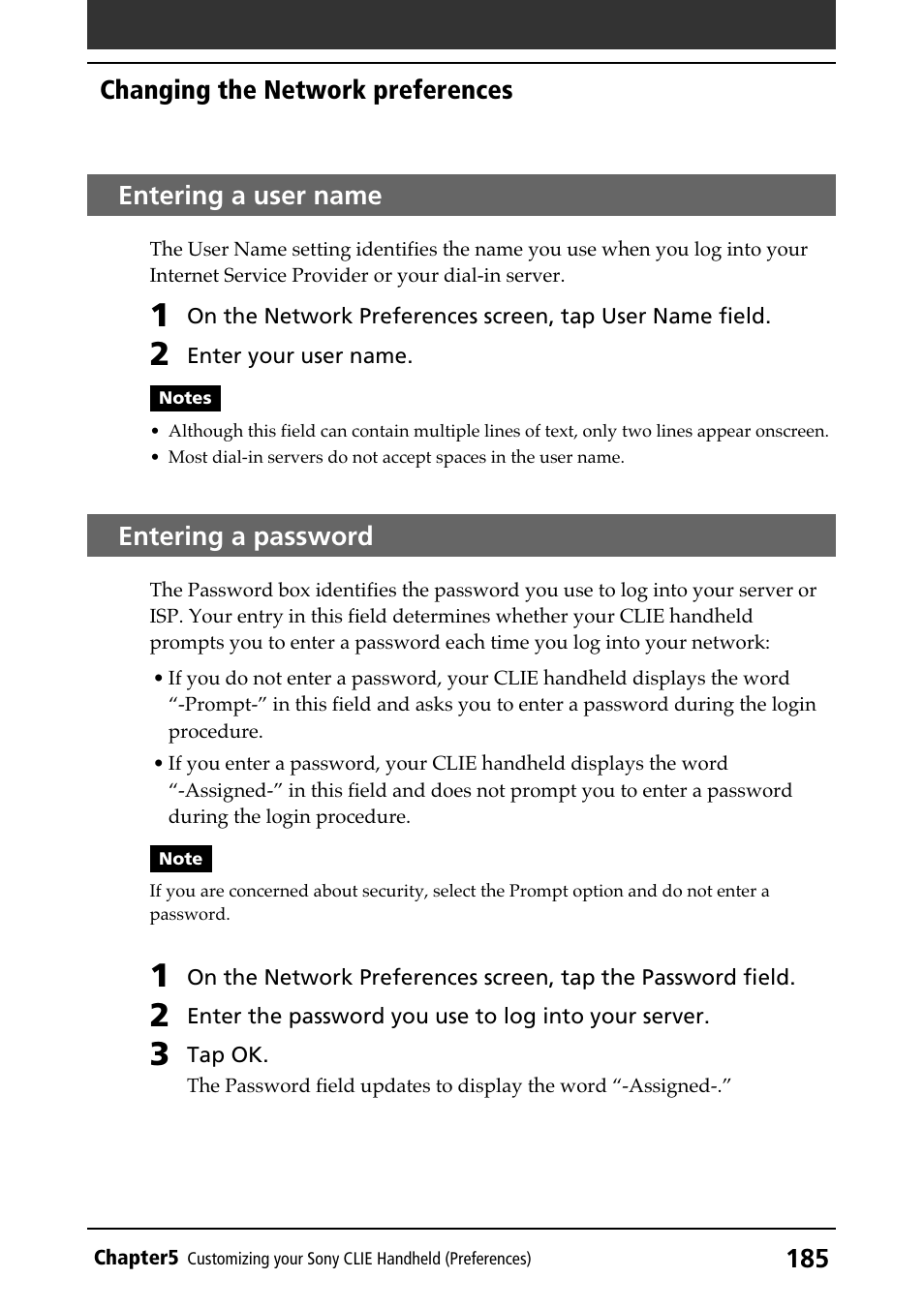 Entering a user name, Entering a password, Password | User name, Selecting a connection, Entering a user name entering a password | Sony PEG-N610C User Manual | Page 185 / 232