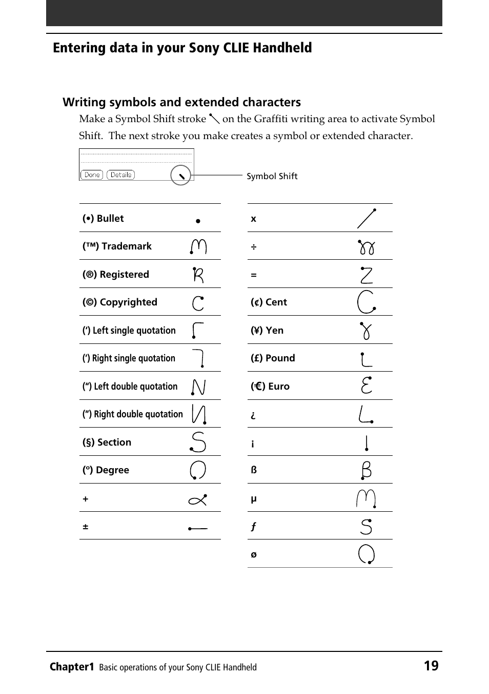 Symbols and extended characters, 19 entering data in your sony clie handheld | Sony PEG-N610C User Manual | Page 19 / 232