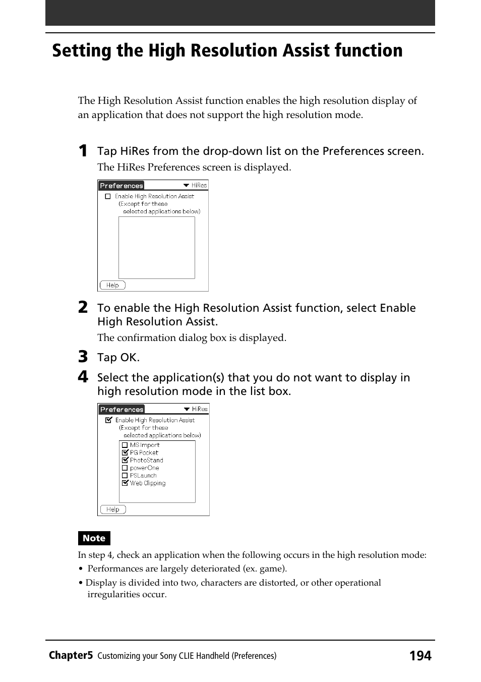 Setting the high resolution assist function, High resolution assist function | Sony PEG-N610C User Manual | Page 194 / 232