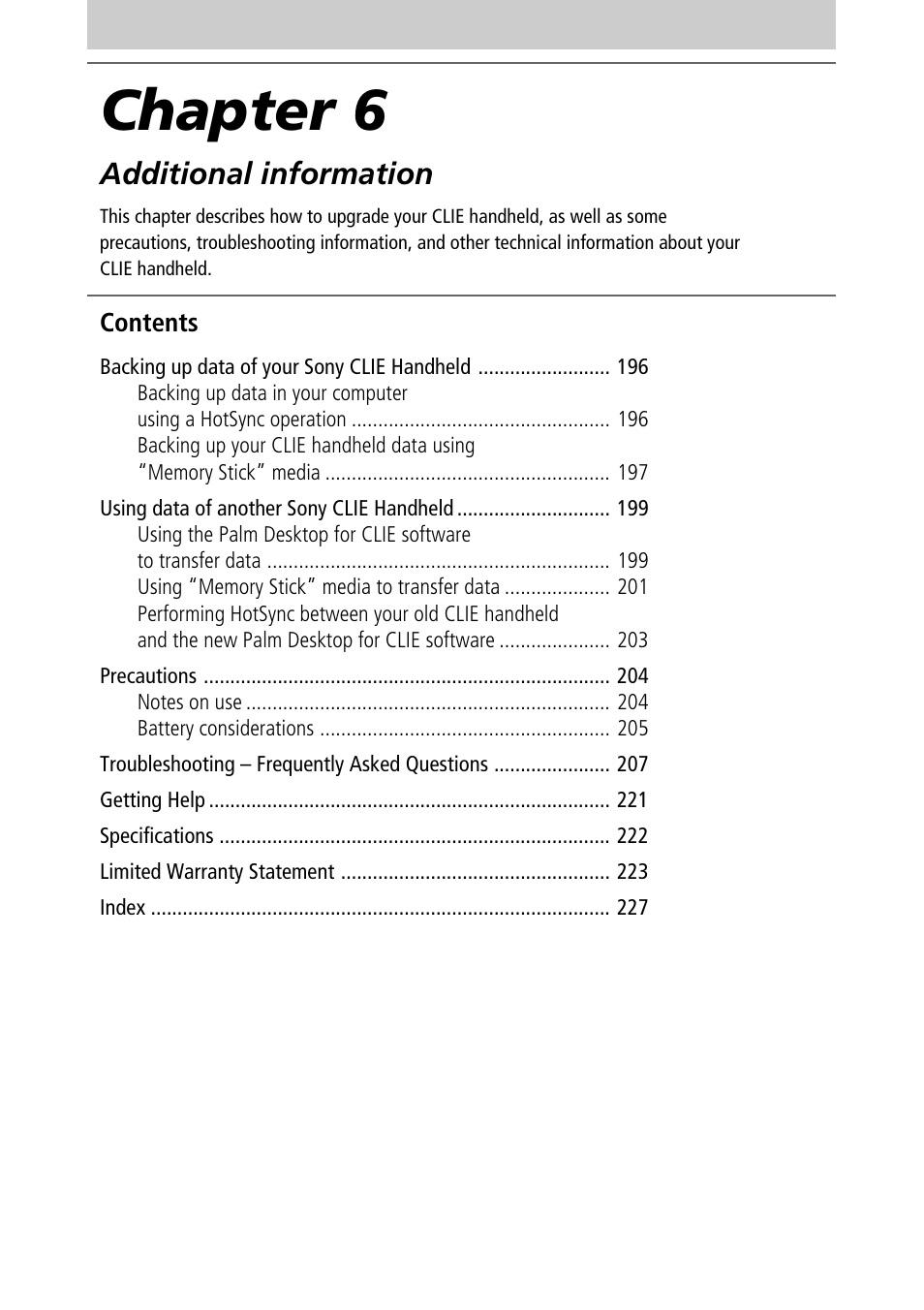 Chapter 6: additional information, Chapter 6, Additional information | Sony PEG-N610C User Manual | Page 195 / 232