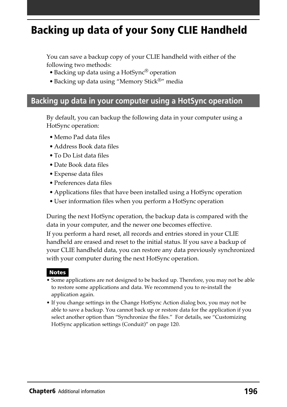 Backing up data of your sony clie handheld, By a hotsync operation | Sony PEG-N610C User Manual | Page 196 / 232