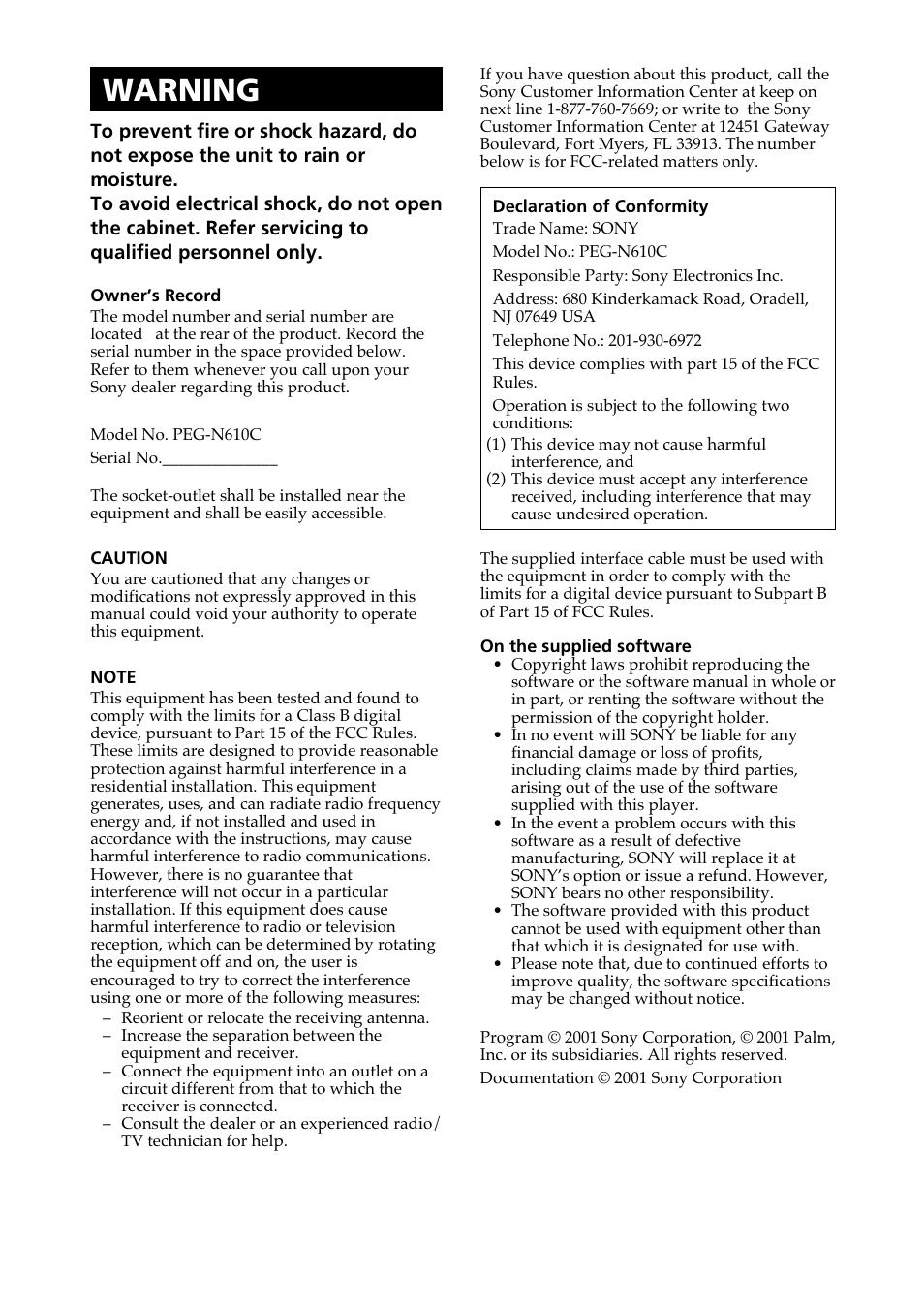 Warning | Sony PEG-N610C User Manual | Page 2 / 232