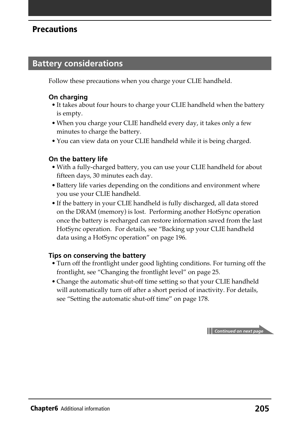 Battery considerations, Tips and notes, Battery life | Precautions | Sony PEG-N610C User Manual | Page 205 / 232