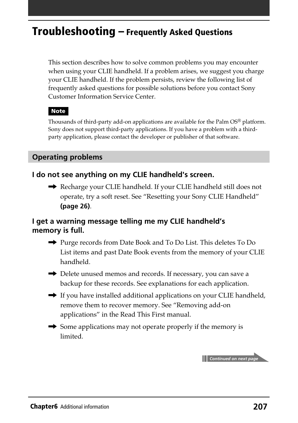 Troubleshooting – frequently asked questions, Faq (frequently asked questions), Operations | Troubleshooting, Frequently asked questions | Sony PEG-N610C User Manual | Page 207 / 232