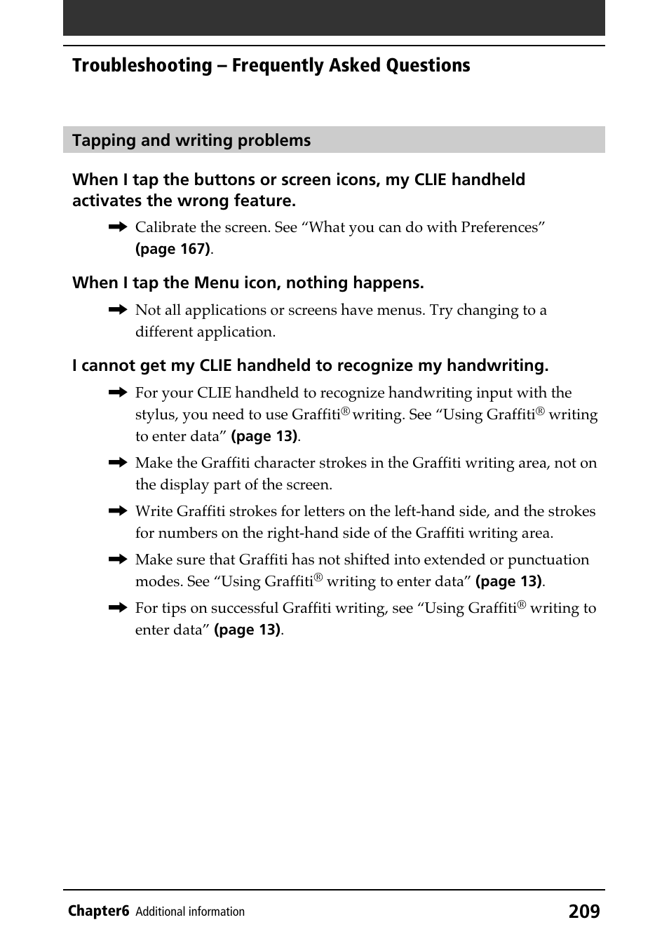 Tapping and writing, Troubleshooting – frequently asked questions | Sony PEG-N610C User Manual | Page 209 / 232