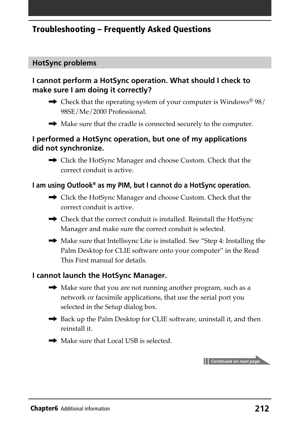 Troubleshooting, Hotsync operations, Troubleshooting – frequently asked questions | Sony PEG-N610C User Manual | Page 212 / 232