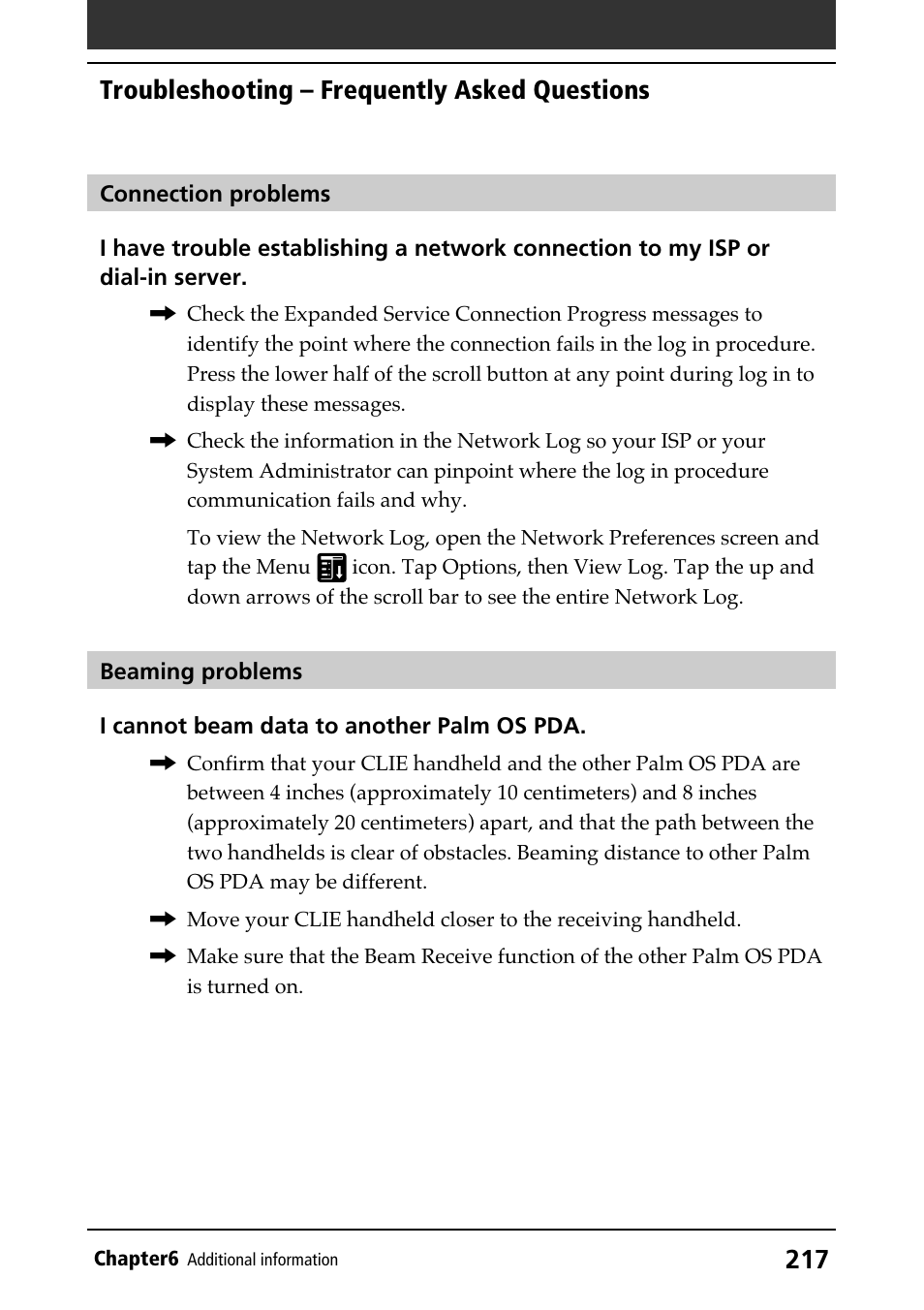 Troubleshooting, Beaming, Connection | Memory stick” media, Troubleshooting – frequently asked questions | Sony PEG-N610C User Manual | Page 217 / 232