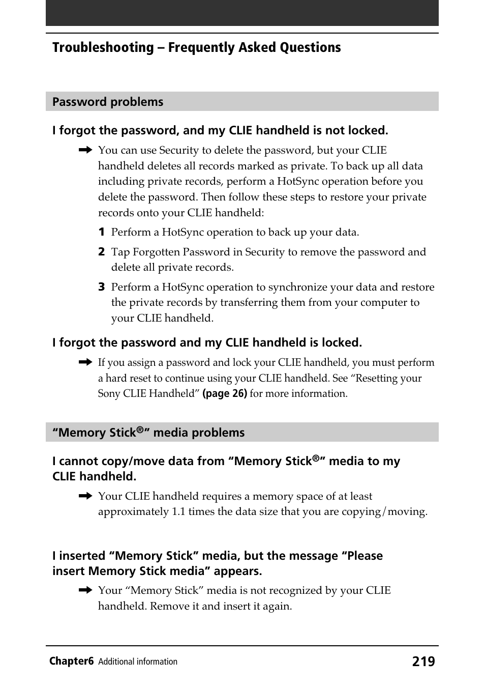 Troubleshooting, Password, Troubleshooting – frequently asked questions | Sony PEG-N610C User Manual | Page 219 / 232