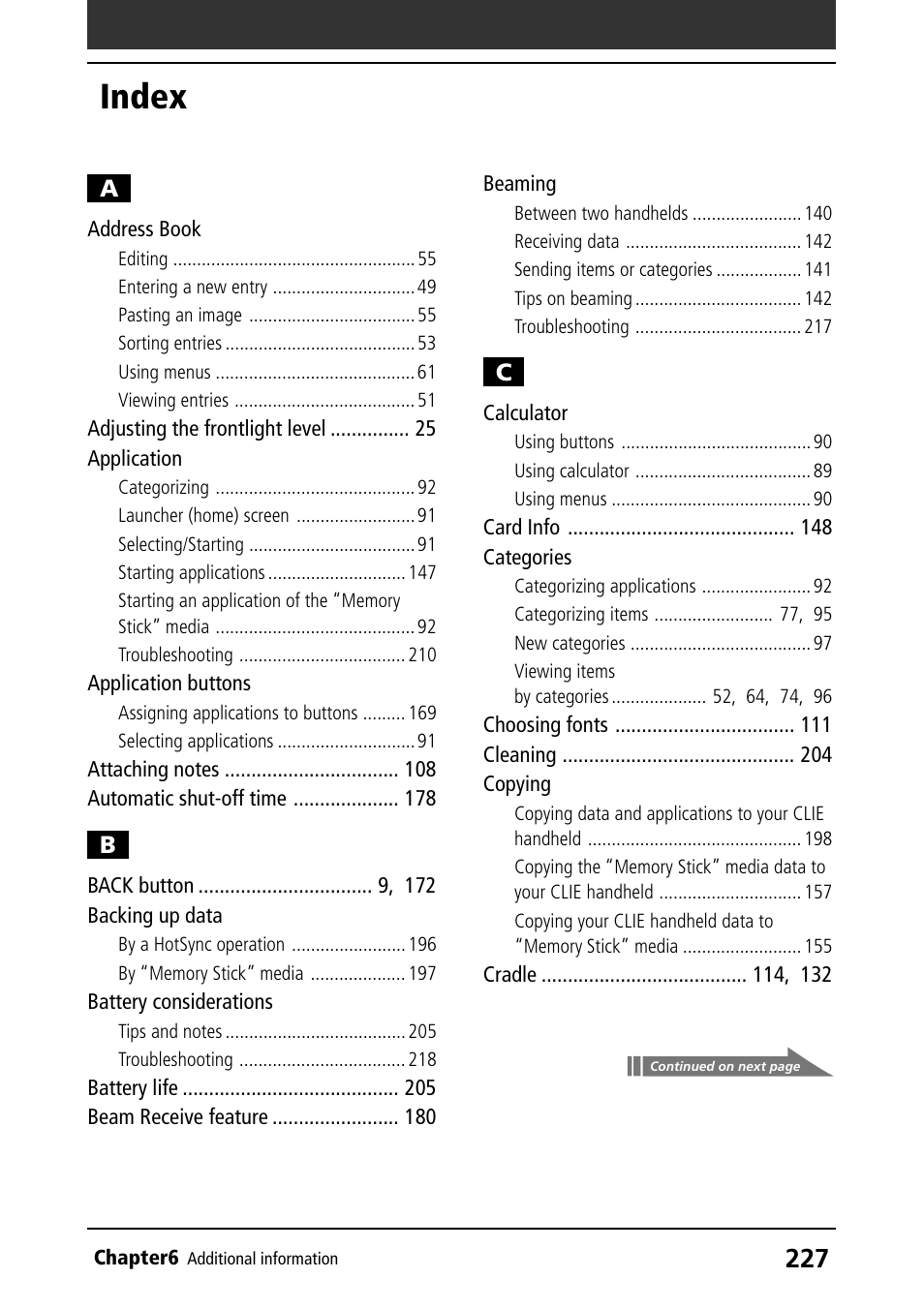 Index, Address book, Application | Application buttons, Backing up data, Battery considerations, Beaming, Calculator, Categories, Copying | Sony PEG-N610C User Manual | Page 227 / 232