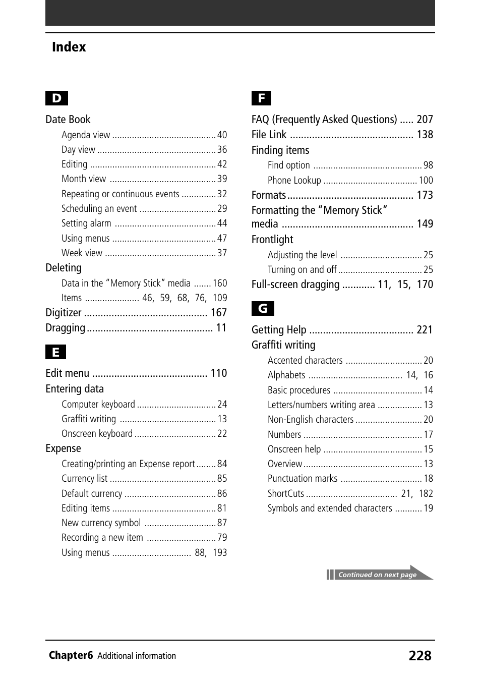 Date book, Deleting, Entering data | Expense, Finding items, Frontlight, Graffiti writing, Index | Sony PEG-N610C User Manual | Page 228 / 232