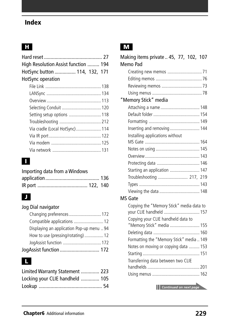 Hotsync operation, Jog dial navigator, Memo pad | Memory stick” media, Ms gate, Index | Sony PEG-N610C User Manual | Page 229 / 232