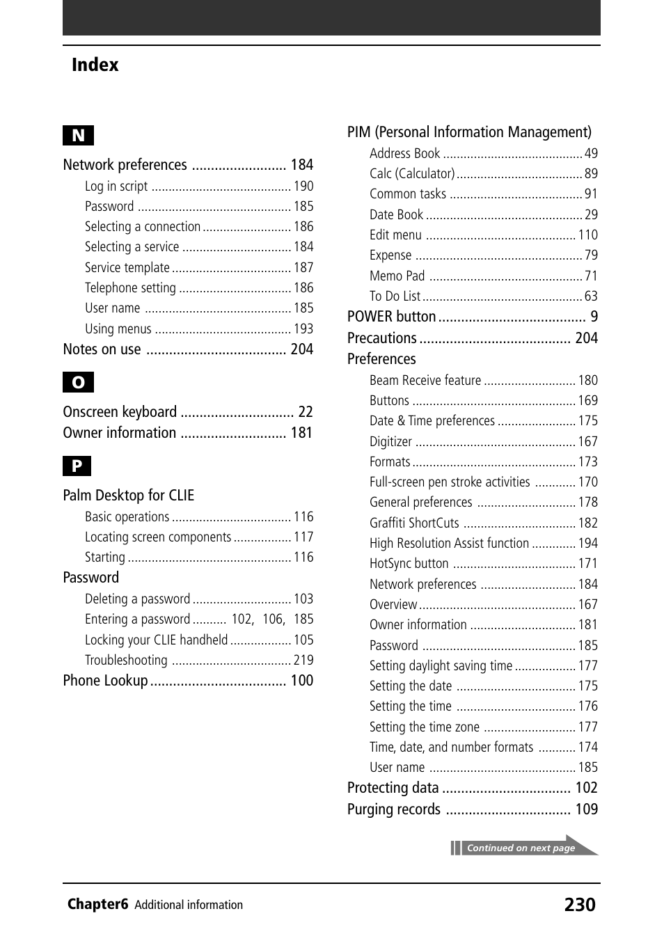 Palm desktop for clie, Password, Pim (personal information management) | Preferences, Index | Sony PEG-N610C User Manual | Page 230 / 232