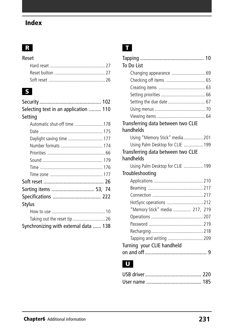 Reset, Setting, Stylus | To do list, Transferring data between two clie handhelds, Troubleshooting, Index | Sony PEG-N610C User Manual | Page 231 / 232