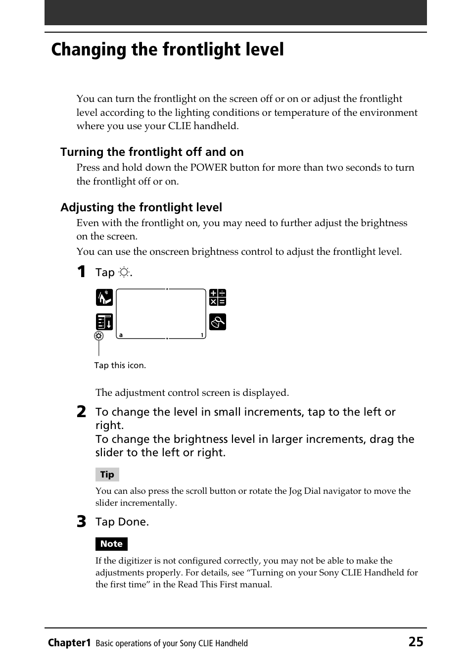 Changing the frontlight level, Adjusting the frontlight level, Adjusting the level | Turning on and off, Resetting your sony clie handheld | Sony PEG-N610C User Manual | Page 25 / 232