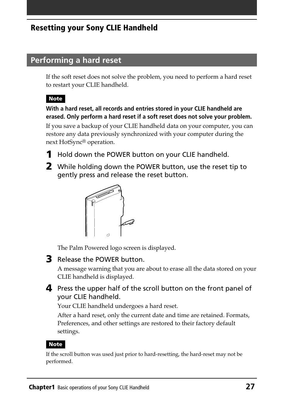 Performing a hard reset, Hard reset, Reset button | Sony PEG-N610C User Manual | Page 27 / 232