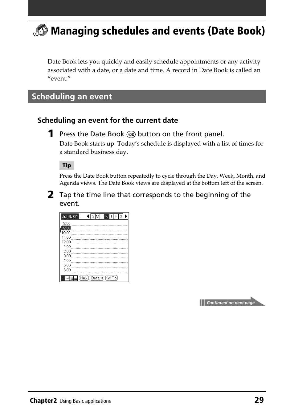 Managing schedules and events (date book), Scheduling an event, Date book | Sony PEG-N610C User Manual | Page 29 / 232